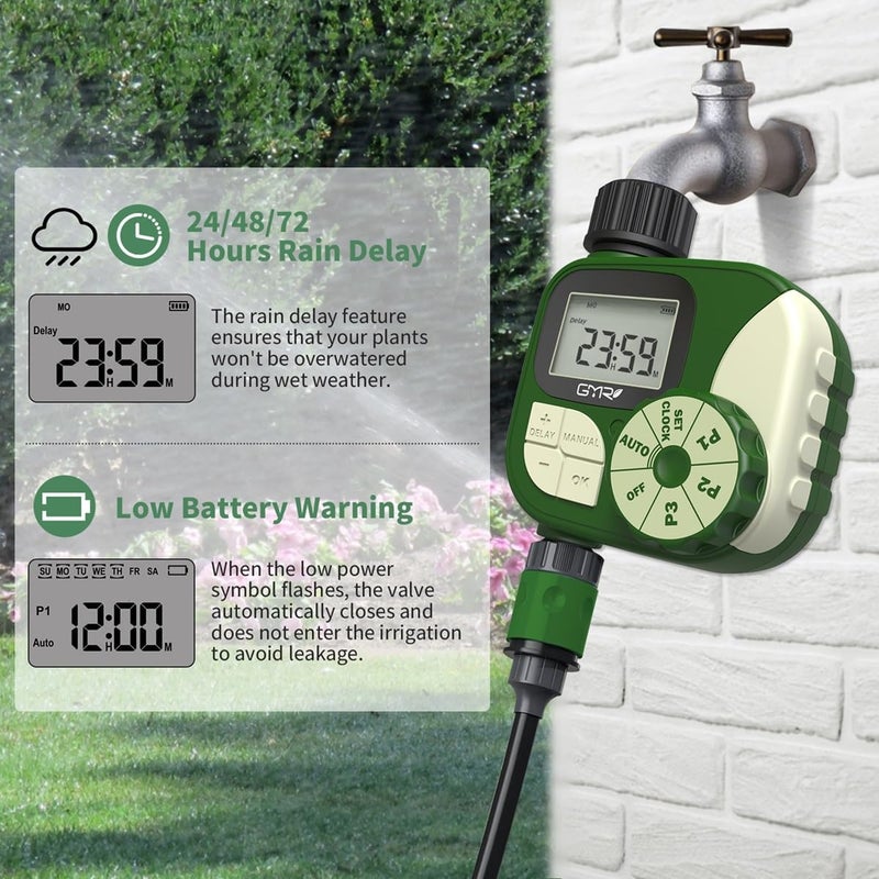 Gmr Sprinkler Timer, Water Timer for Garden Hose, Hose Timers for Watering, Irrigation System with 3 Programs/Rain Delay/Manual/Auto Watering System, 1 Outlet - Image 5